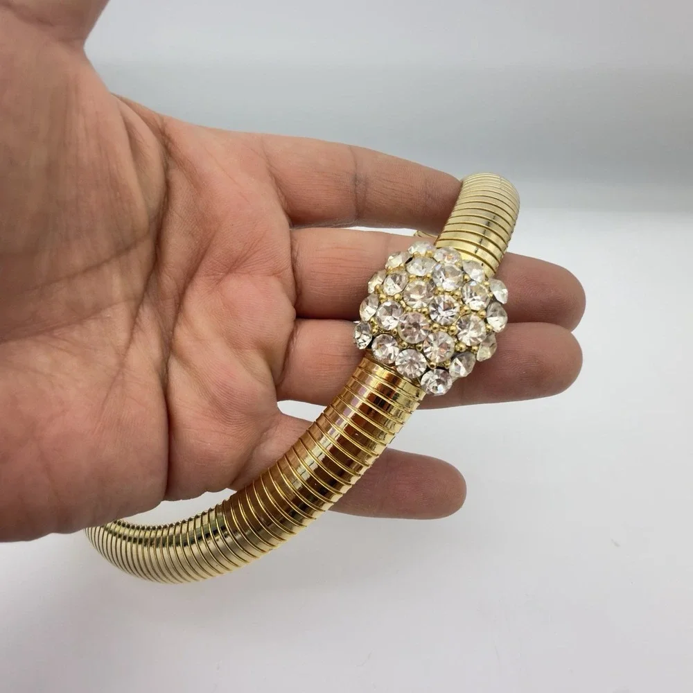 Vintage 80s Tubogas Gold Tone Necklace Pave Rhinestone Cluster Statement